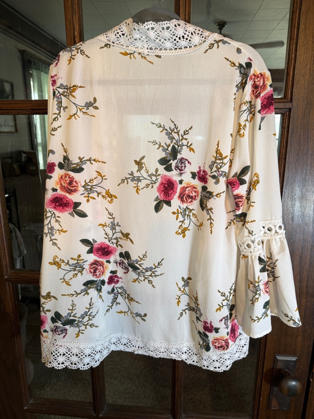 Ecowish Womens Floral Kimono Cardigan White Pink Lace Trim Bell Sleeve Large - Picture 5 of 5